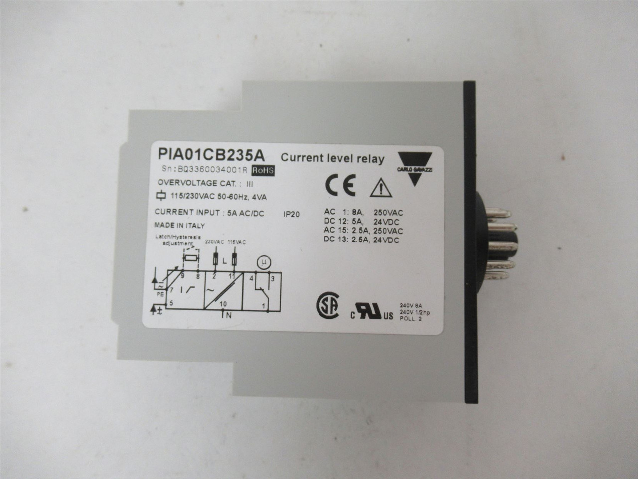 Carlo Gavazzi PIA01CB235A; CurrentMonitoring Relay 115/230VAC