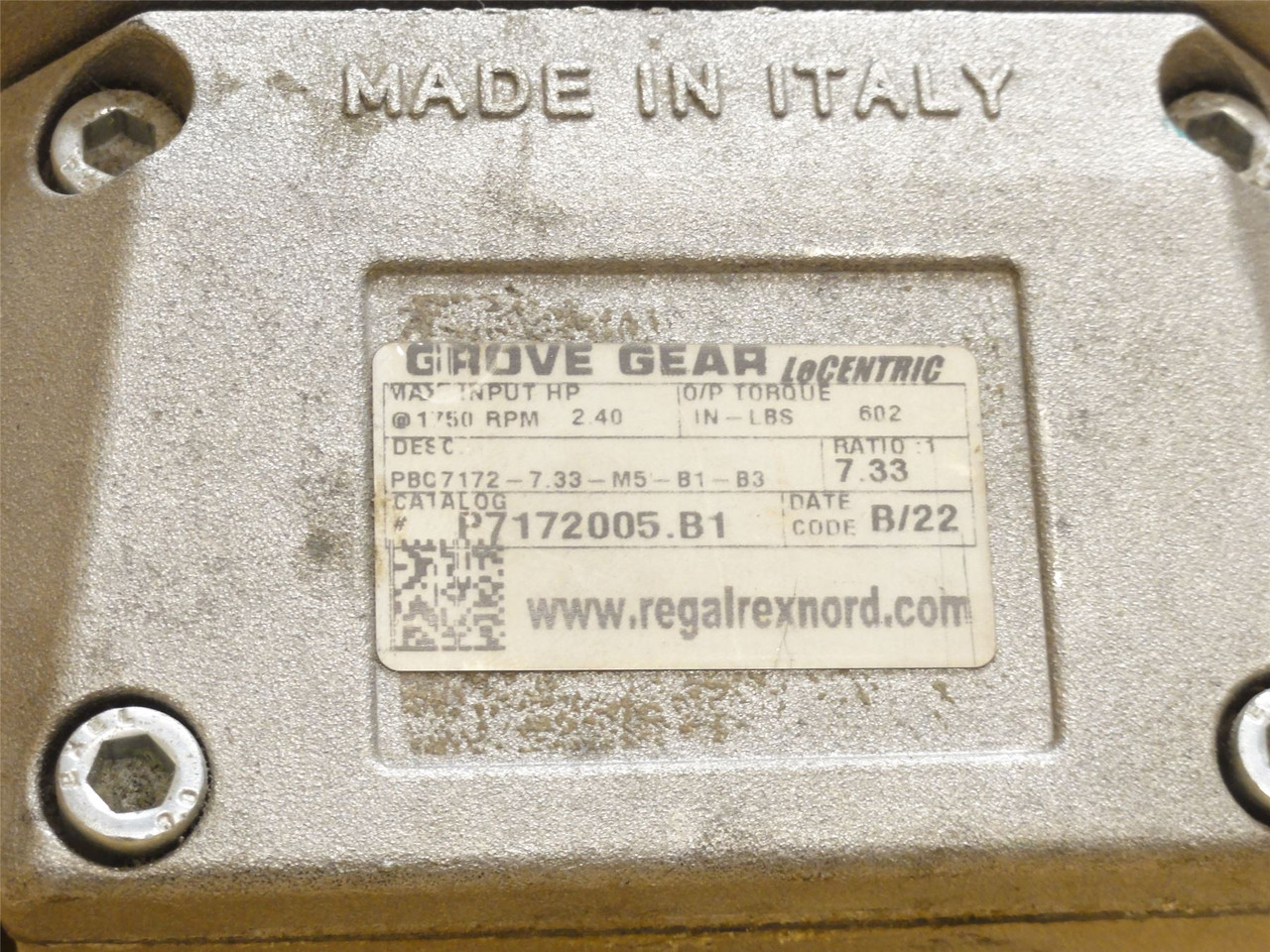 Grove Gear P7172005.B1; Gear Motor; 7.33:1 Ratio; 1HP