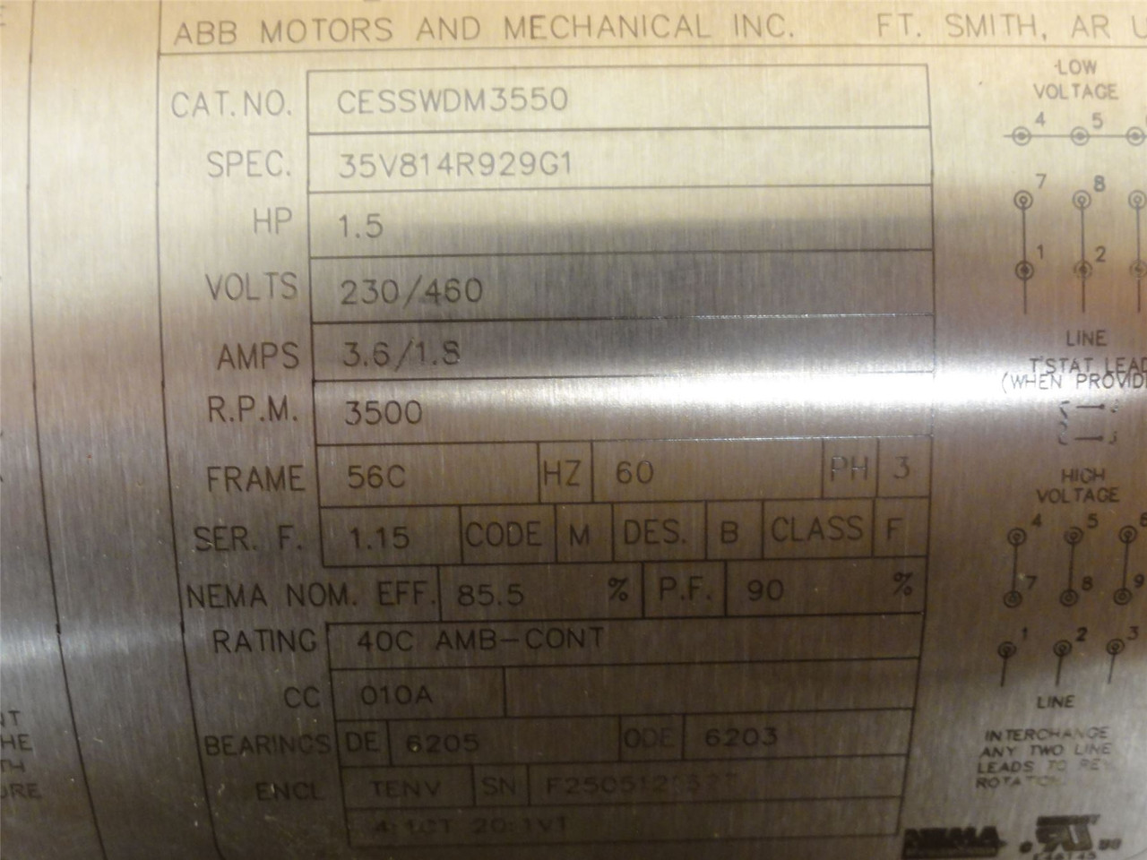Baldor CESSWDM3550; AC Motor SS; 1-1/2HP; 230/460V; 3500RPM