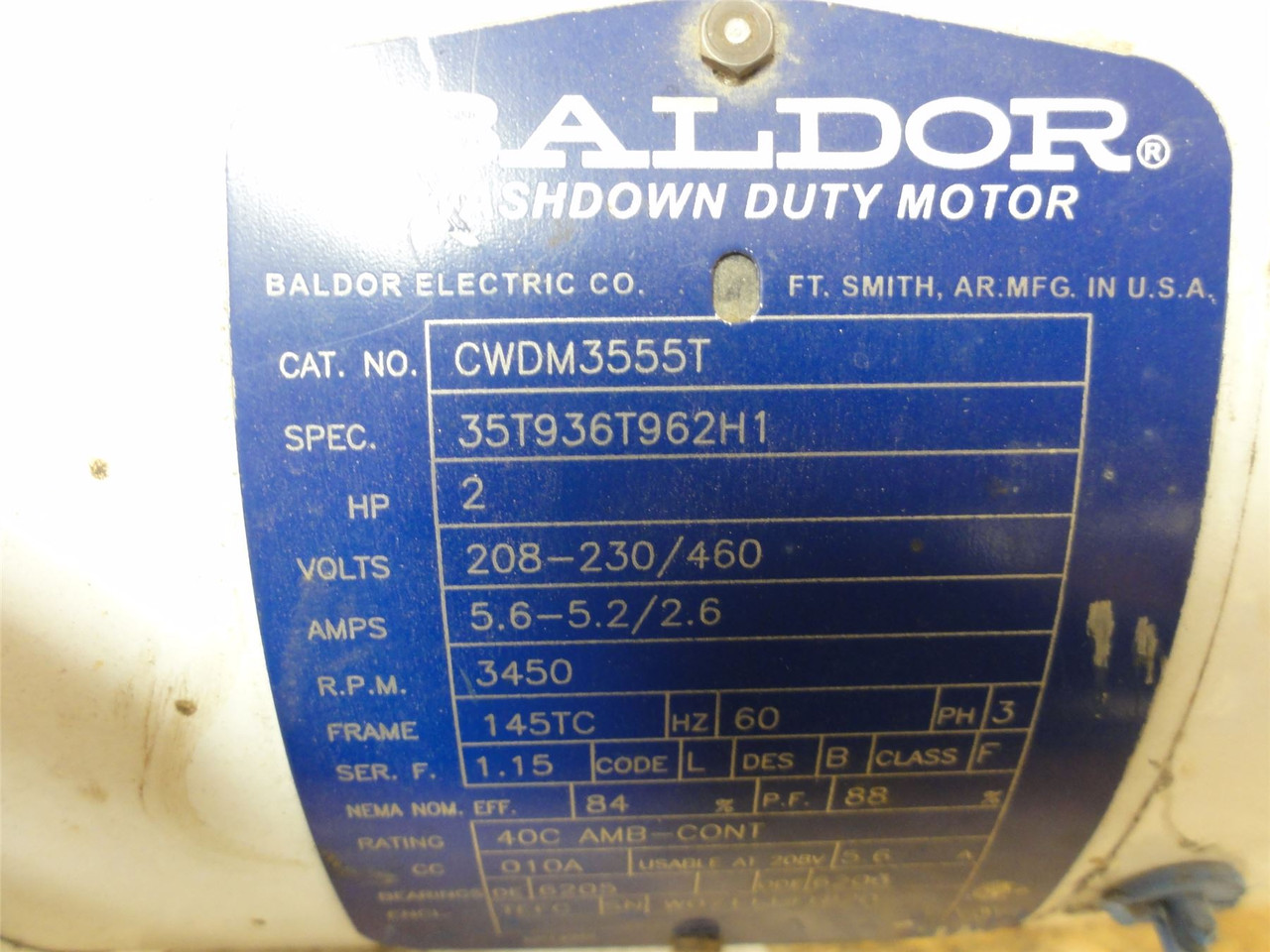 Baldor CWDM3555T; AC Motor; 2HP; 208-230/460V; 3450RPM; 3PH; 60HZ