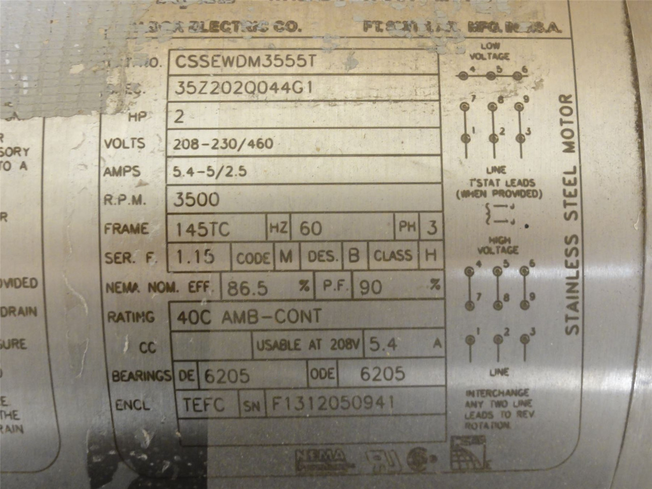 Baldor CEWDM3555T; AC Motor; SS; 2HP; 230/460V; 3500RPM; 60HZ