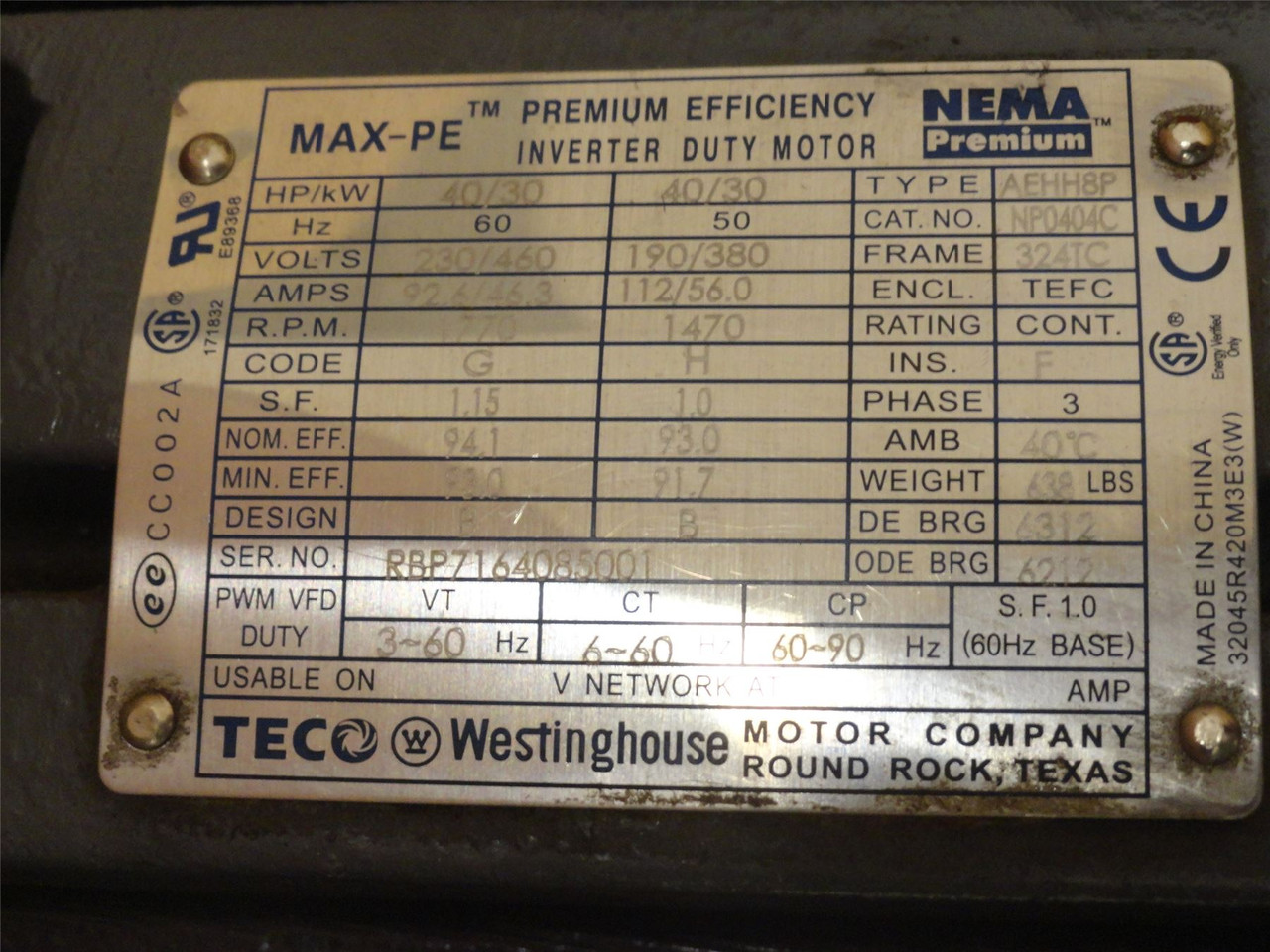Westinghouse NP0404C; Re-Wind AC Motor 40HP 230/460V 1800RPM 3PH