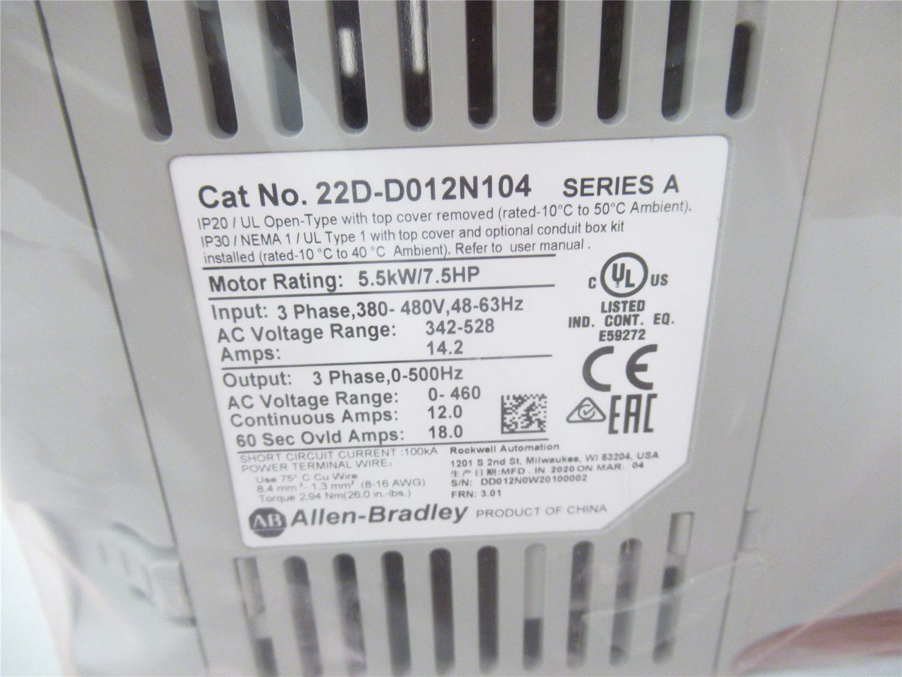 Allen-Bradley 22D-D012N104; AC Drive 7.5HP 440VAC