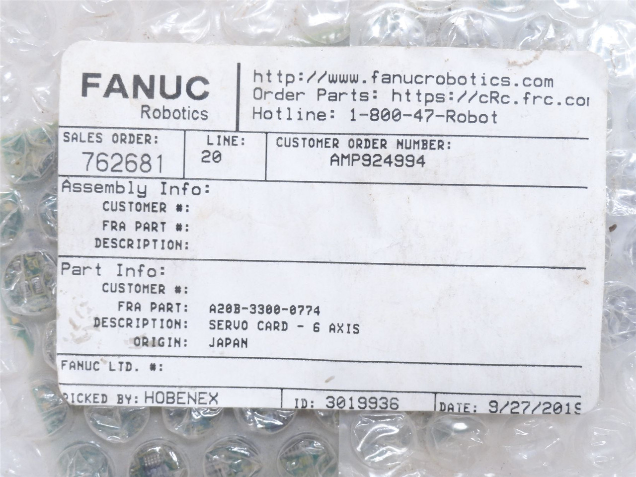 Fanuc A20B-3300-0774; Servo Card; 6-Axis; R-30iB