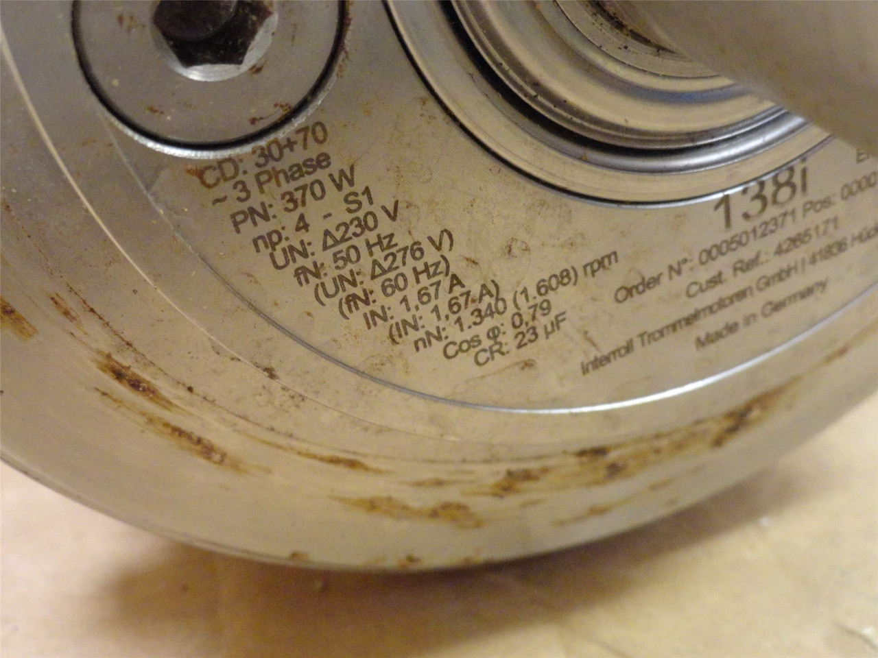 Interoll 138i-370W; Drum Moto; 230VAC 600mmWide 1.6RPM .383M/s