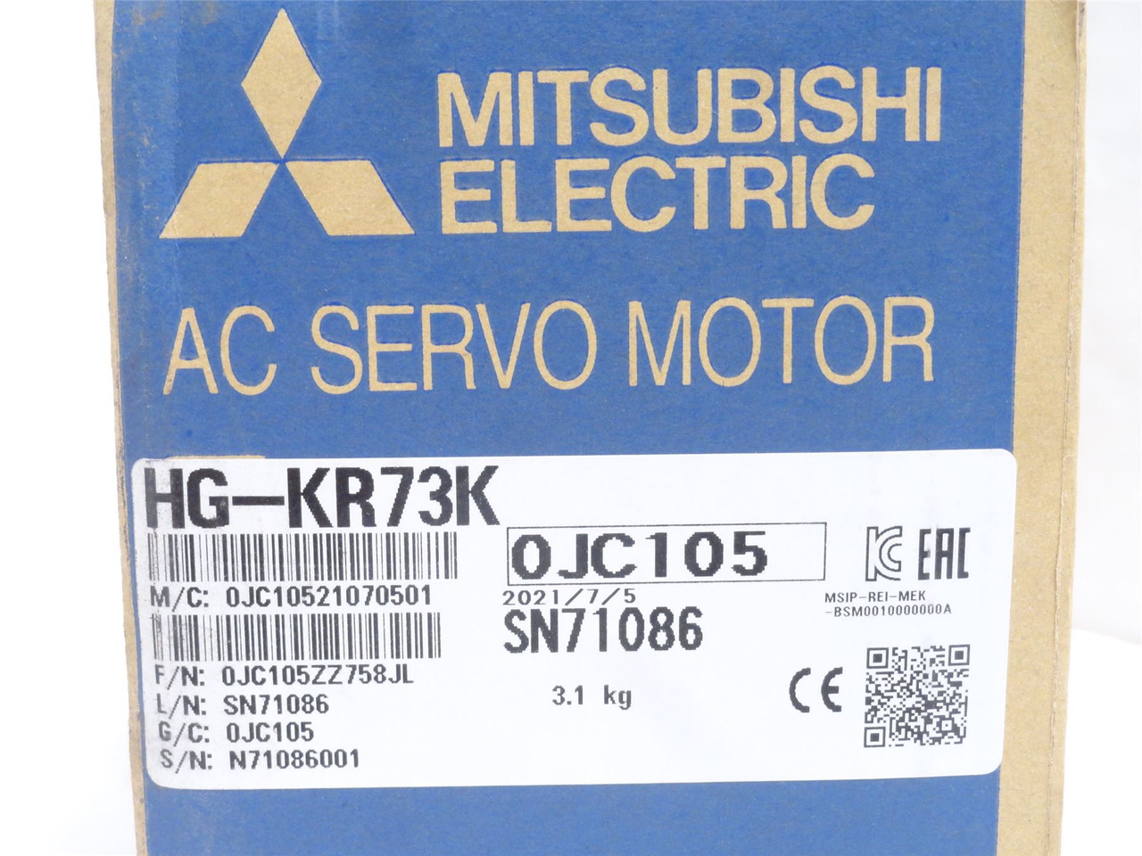 Mitsubishi HG-KR73K; Low-Inertia Rotary Servo Motor; 109VAC