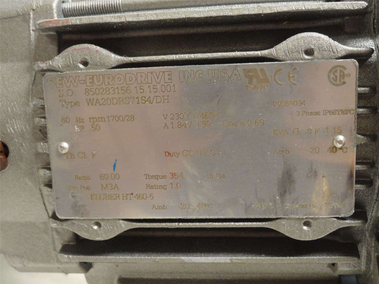 SEW WA20DRS71S4/DH; AC Gearmotor; 60:1 Ratio; 1/2HP; 230/460V