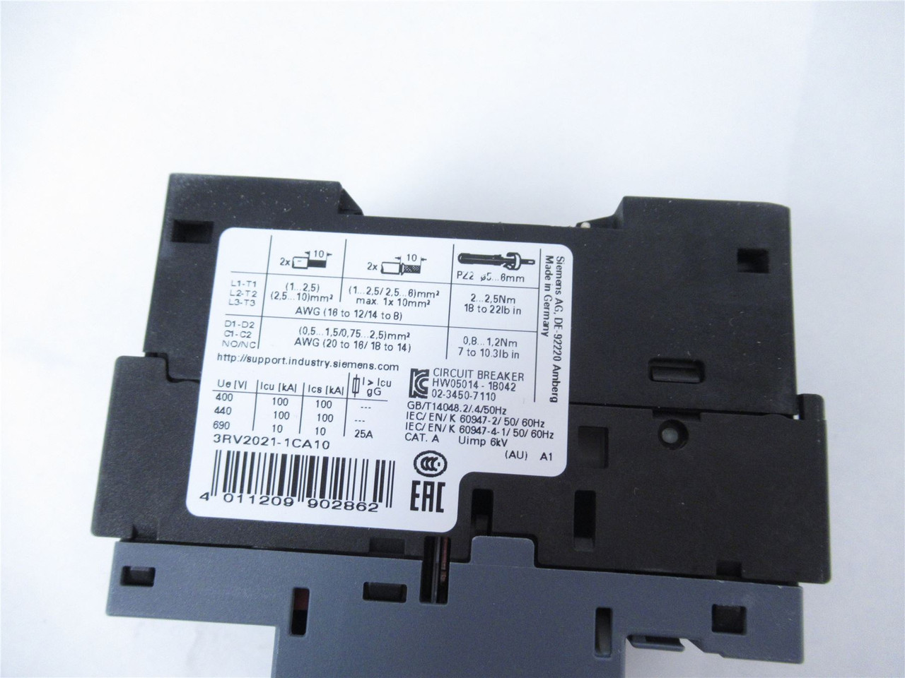 Siemens 3RV2021-1CA10; Manual Motor Starter 1.8 - 2.5A 3Pole