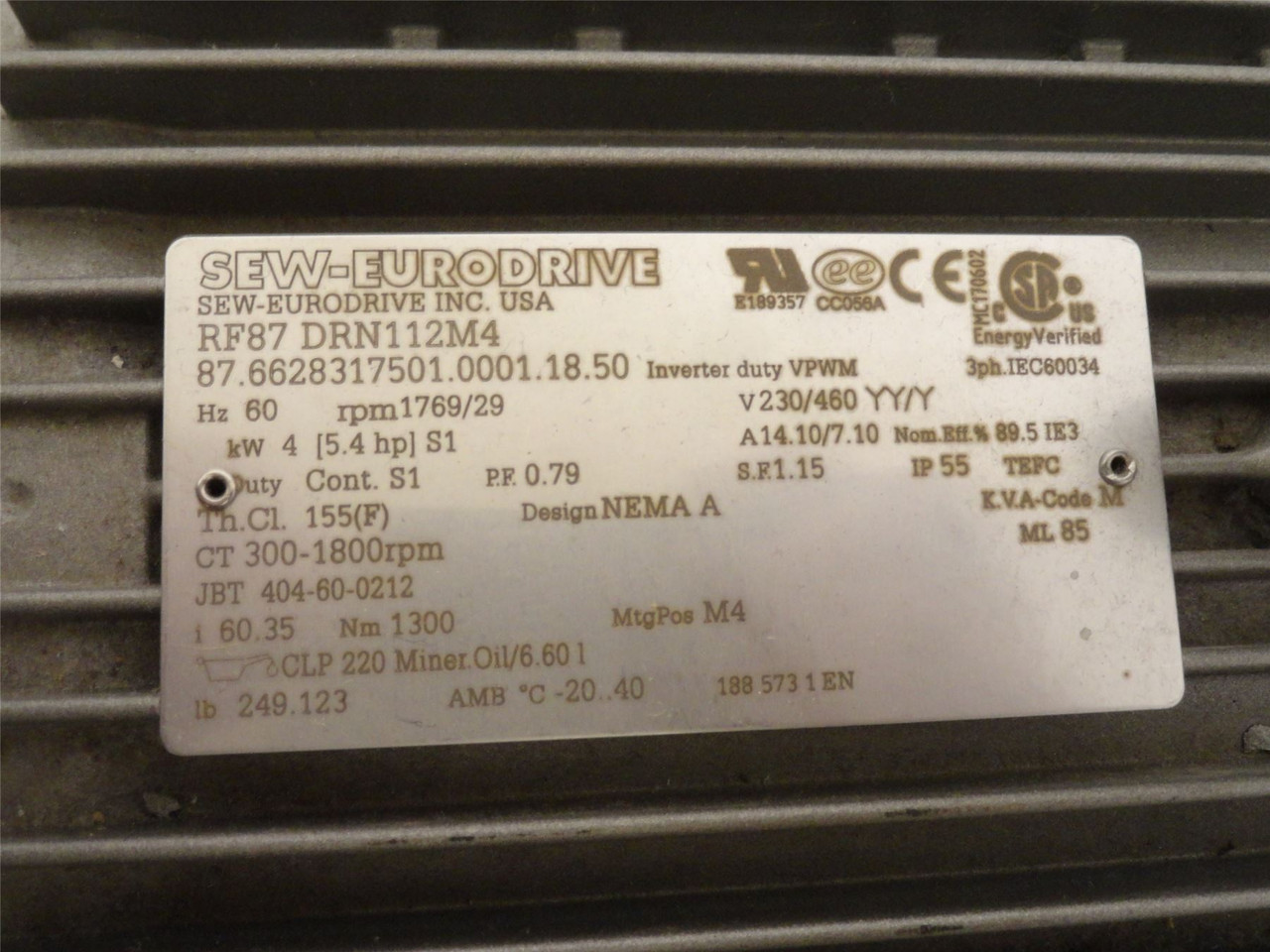 SEW RF87DRN112M4; AC Gearmotor 60.3:1 Ratio; 5-1/4HP; 230/460V