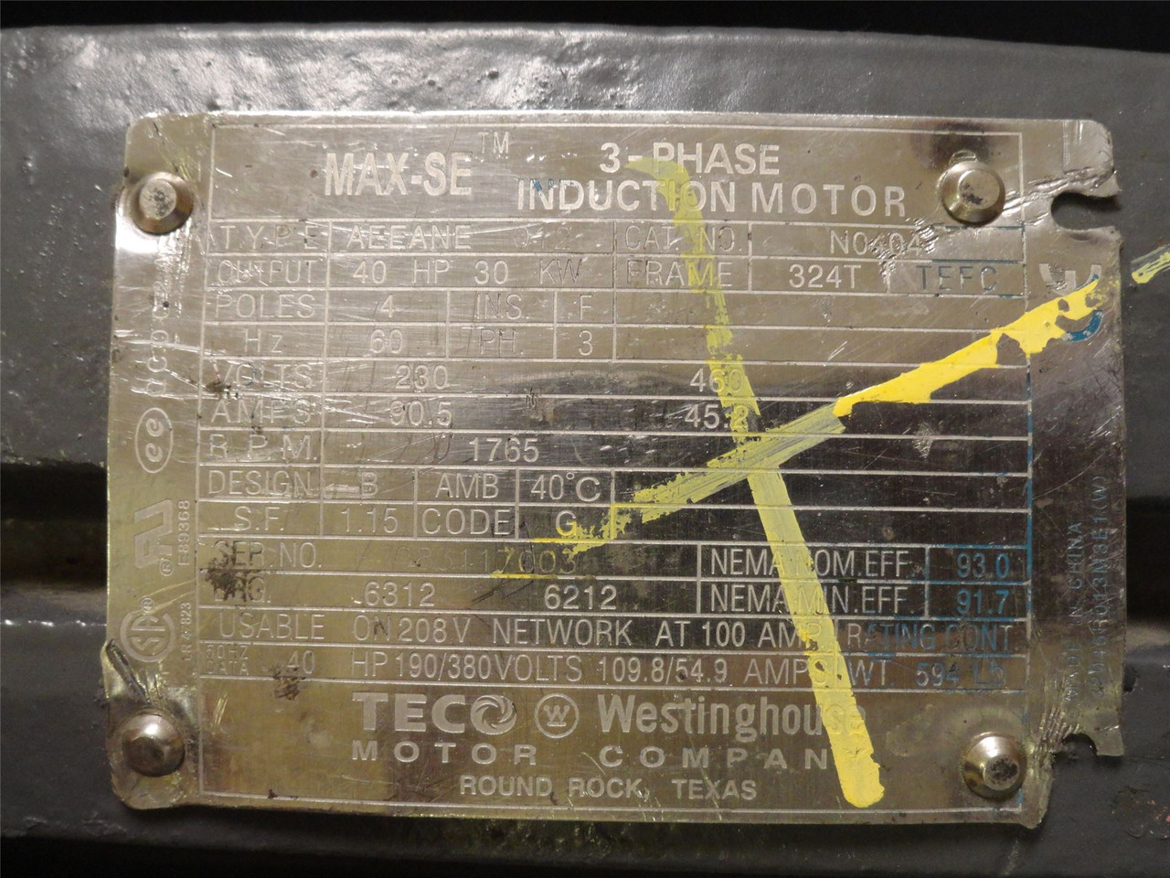 Westinghouse NP0404; Re-wind AC Motor 40HP 460V 1800RPM; 3PH