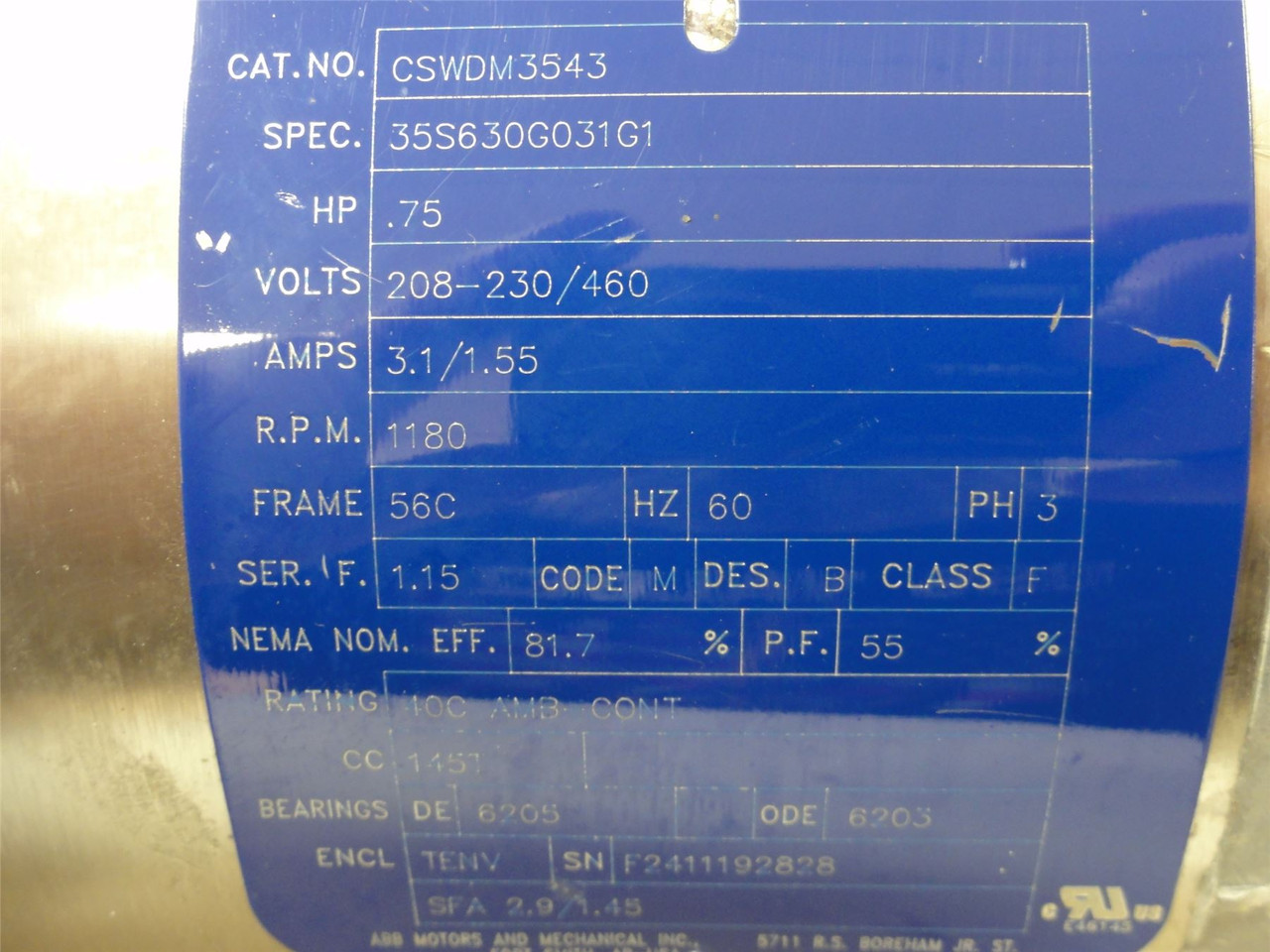 Baldor CSWDM3543; AC Motor; 3/4HP; 208-230/460V; 1180RPM; 3Ph
