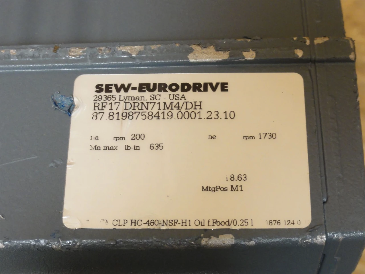 SEW RF17DRN71M4/DH; AC Gearmotor; 8.63:1 Ratio; 1/2HP; 240V