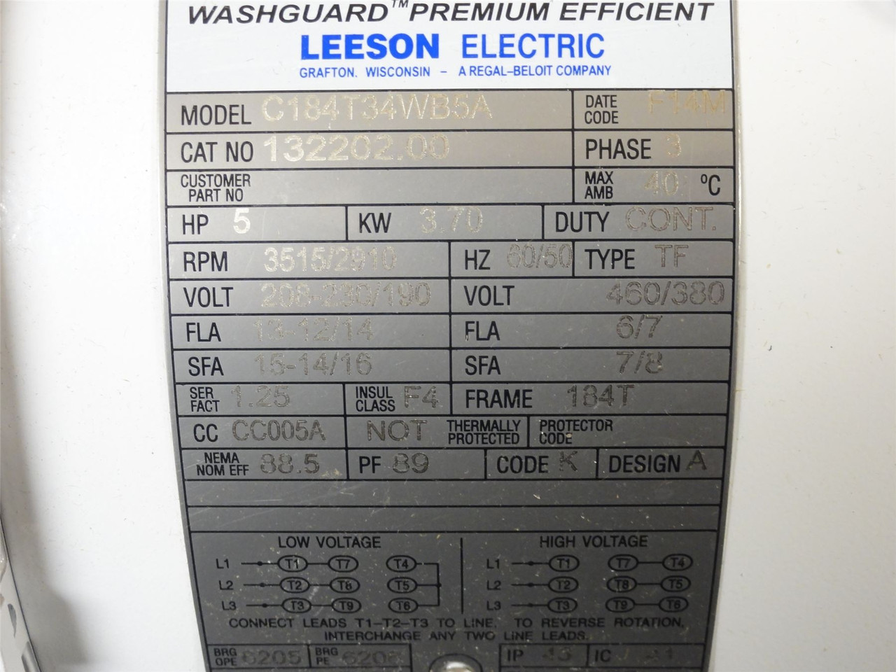 Leeson 132202; Washdown Motor 5HP; 208-230/460VAC; 3600RPM