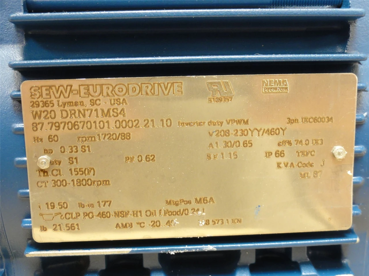 SEW W20DRN71MS4; Gearmotor 19.5:1 Ratio; 1/3HP; No Shroud