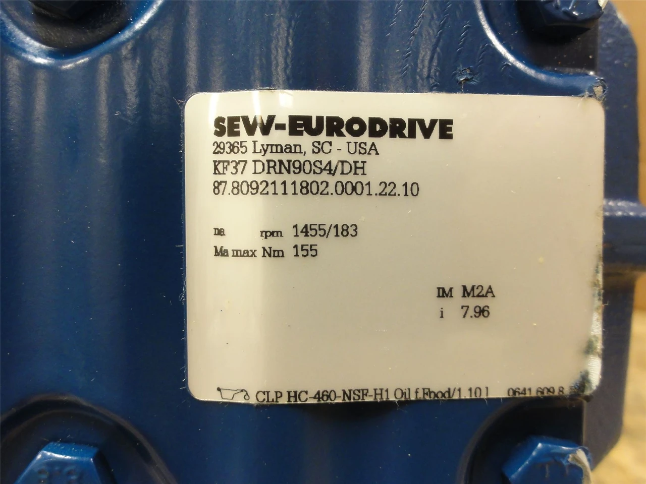 SEW KF37DRN90S4/DH; Gearmotor; 8:1 Ratio; 1-1/2HP; 380-400VAC