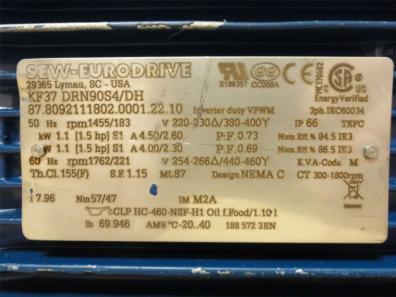 SEW KF37DRN90S4/DH; Gearmotor; 8:1 Ratio; 1-1/2HP; 380-400VAC