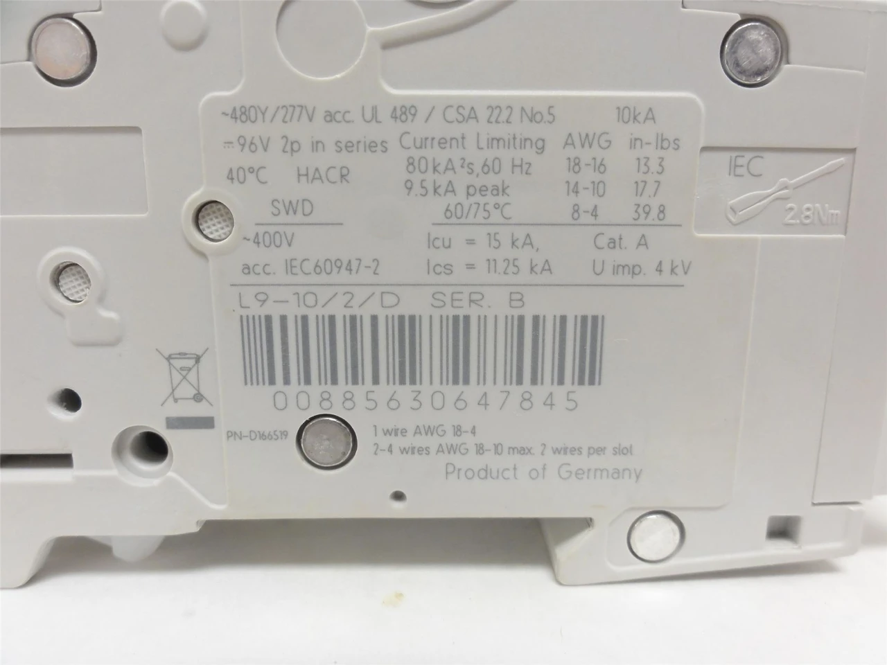 sprecher+schuh L9-10/2/D; Circuit Breaker; 10A; 3P; 277/480VAC
