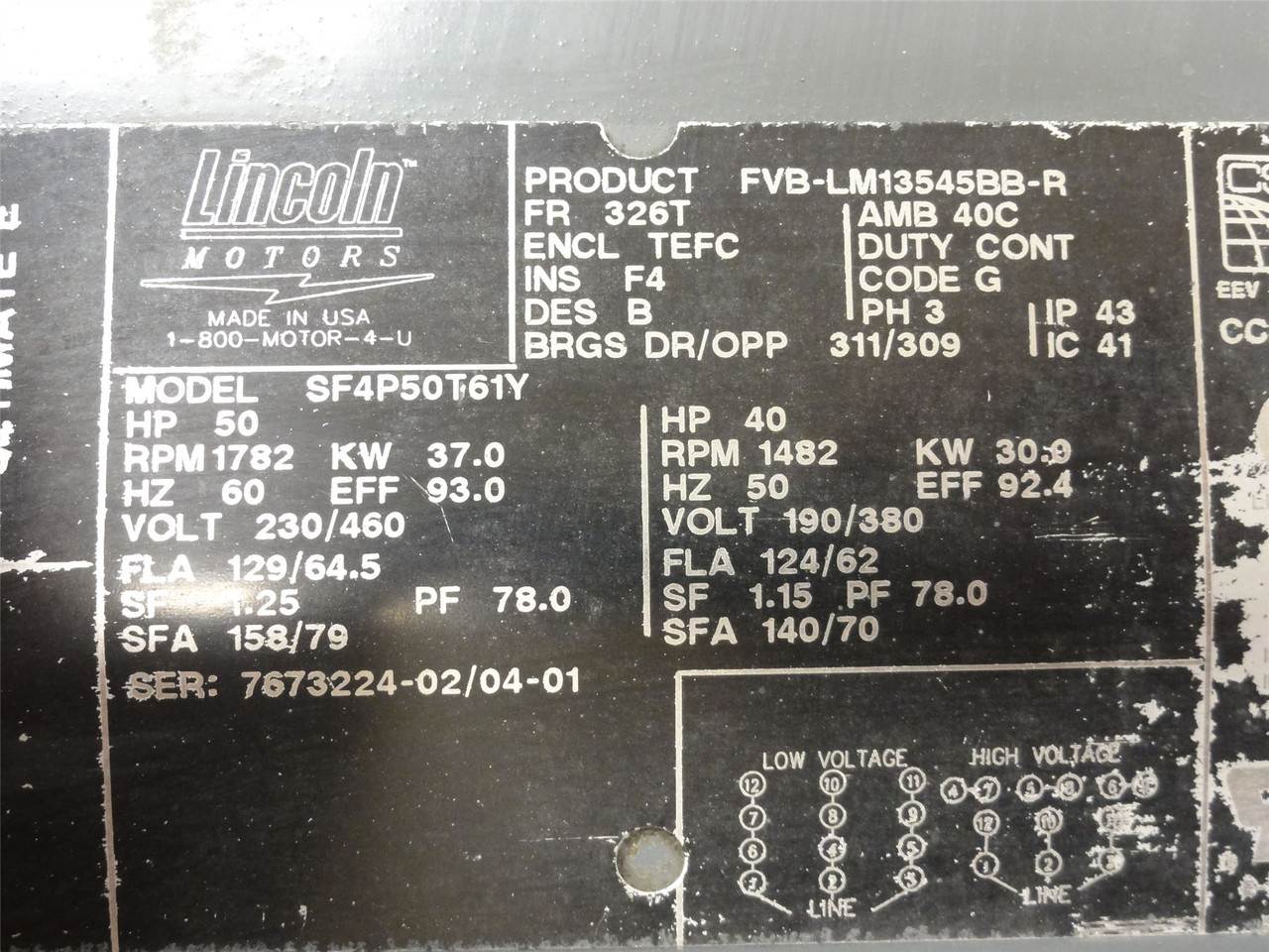 Lincoln SF4P50T61Y; AC Motor; 50HP; 230/460VAC; 1782RPM; 3-Ph