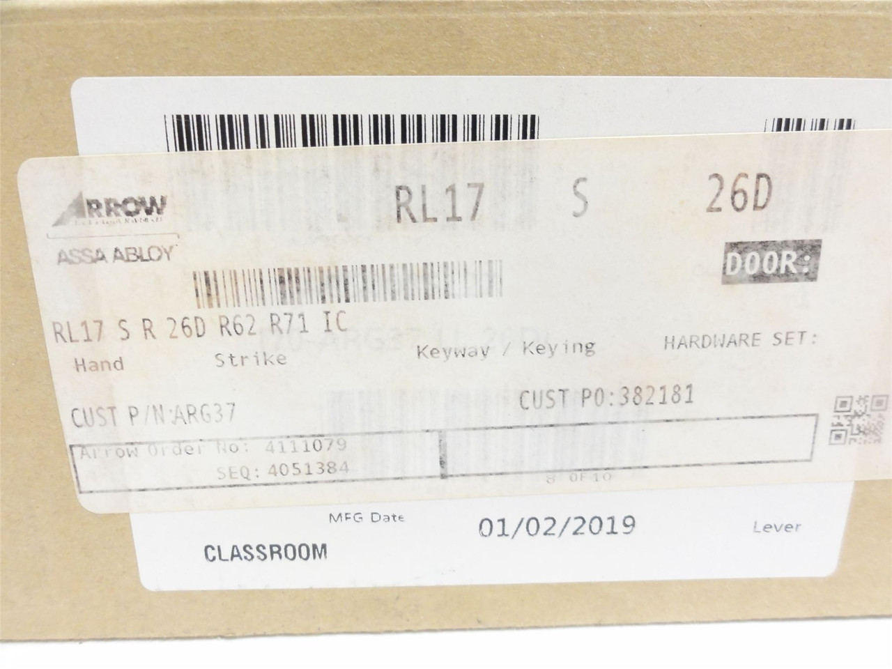 Arrow RL17SR26DIC; Classroom Door Lever Lockset