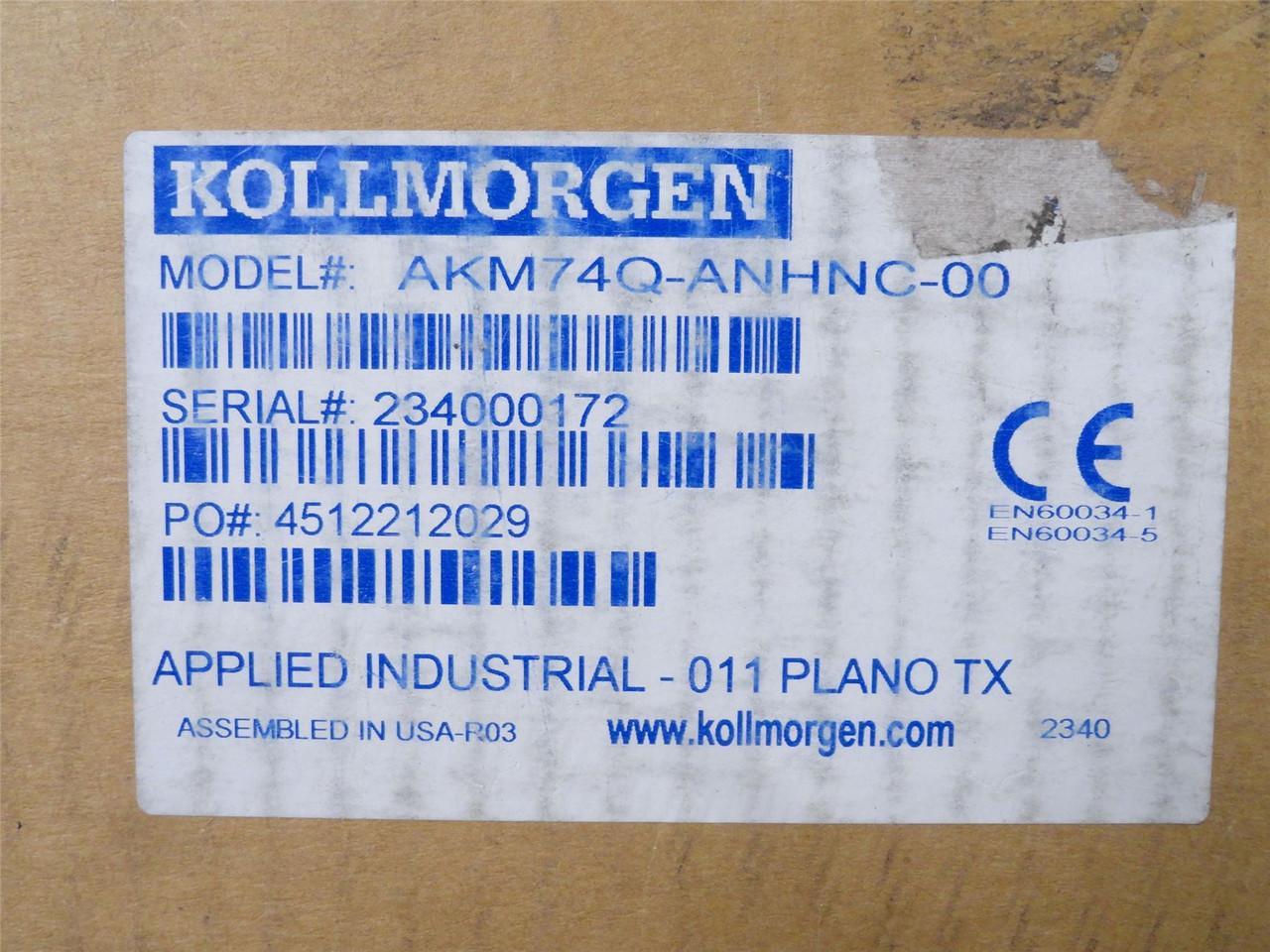 Kollmorgen AKM74Q-ANHNC-00; Servo Motor 7.5kW 640VDC; 3000RPM