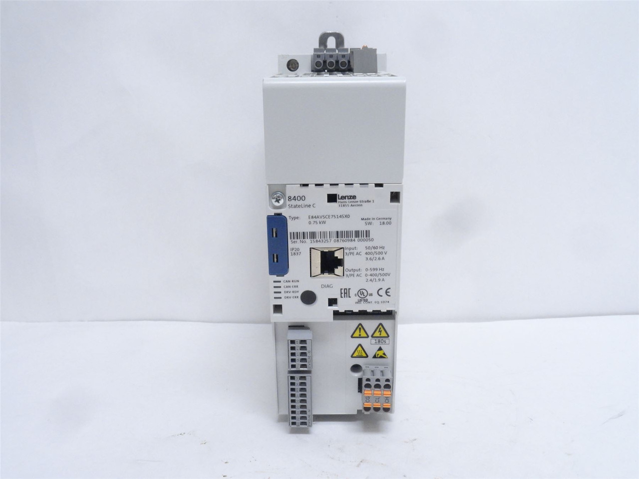 Lenze E84AVSCE7514SX0; Inveter Drive 8400 .75kW 1HP 400/500VAC