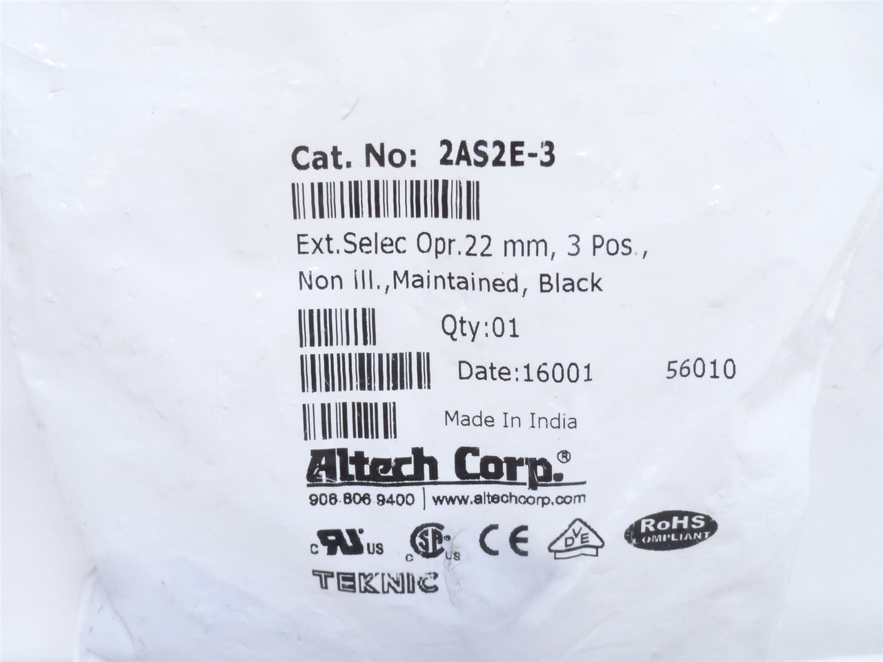 Altech 2AS2E-3; Maintained Switch 3Pos; Non-Illuminated; 22mm