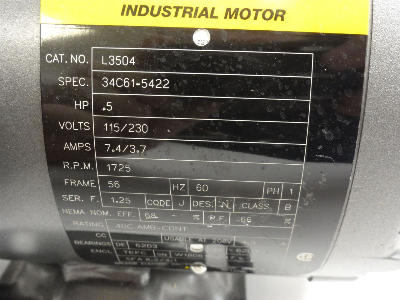 Baldor L3504; Motor; 1/2HP; 115/230VAC 1725RPM 1PH