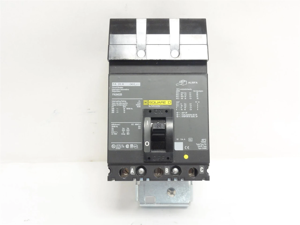 Square D FA34020; Circuit Breaker; 20 Amps; 480VAC; 3-Pole