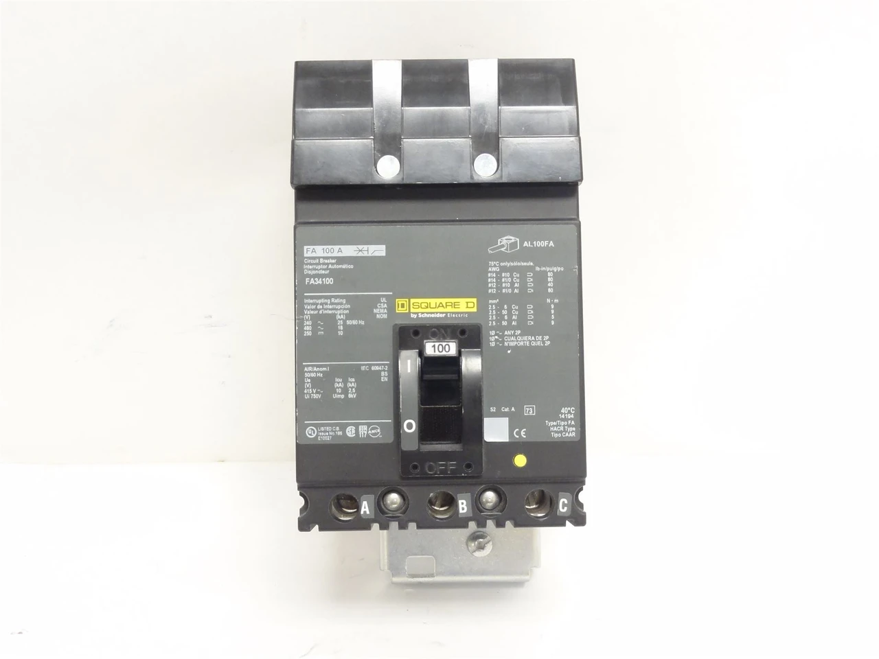 Square D FA34100; Circuit Breaker; 100 Amps; 480VAC; 3-Pole