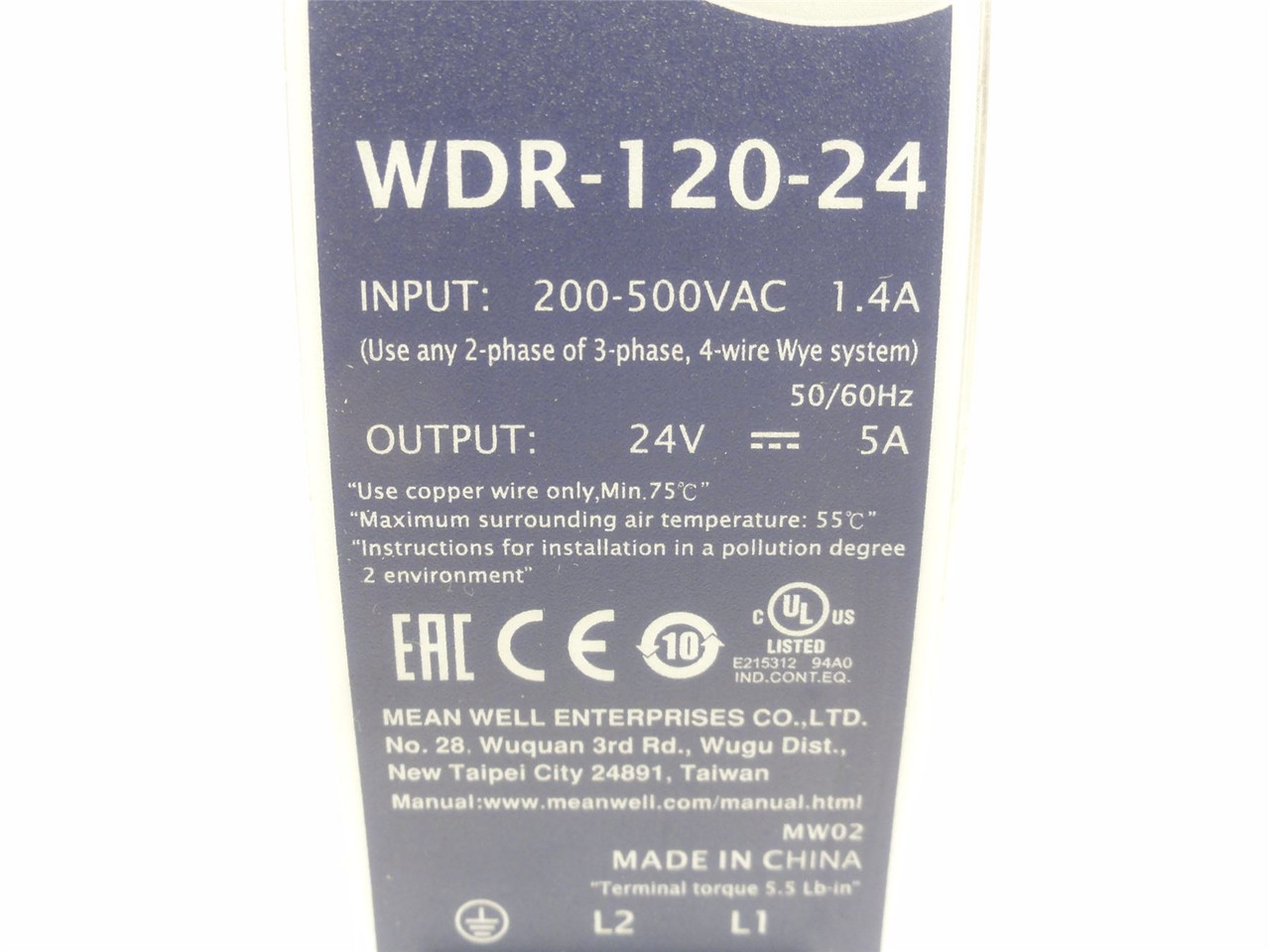 Mean-Well WDR-120-24; Power Supply; 200-500VAC In; 24VDC Out