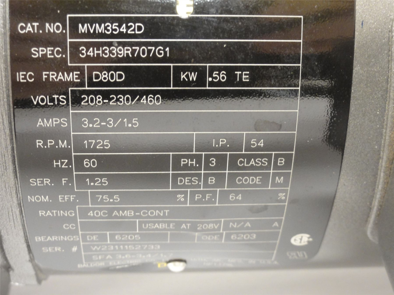 Baldor MVM3542D; IEC Motor; 0.56Kw; 208-230/460VAC; 1725RPM
