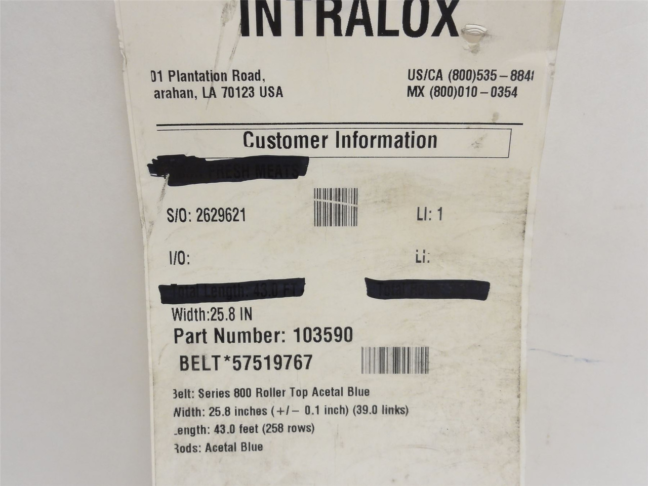 Intralox S800-25.8-5; Roller-Top Belting; 25.8" Wide x 5' Long