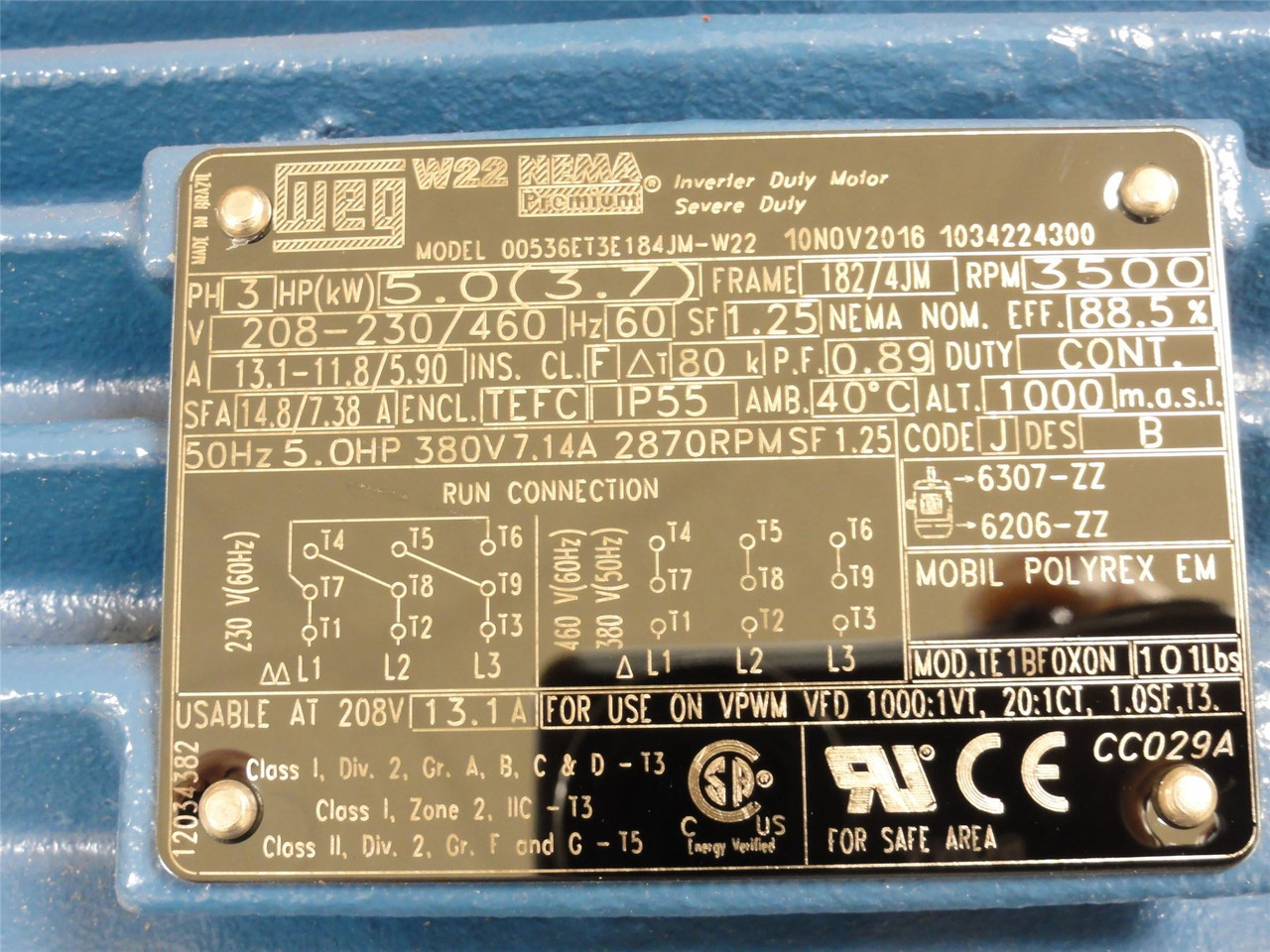 WEG 00536ET3E184JM-W22; Motor 5HP;208-230/460VAC 3600RPM 3PH