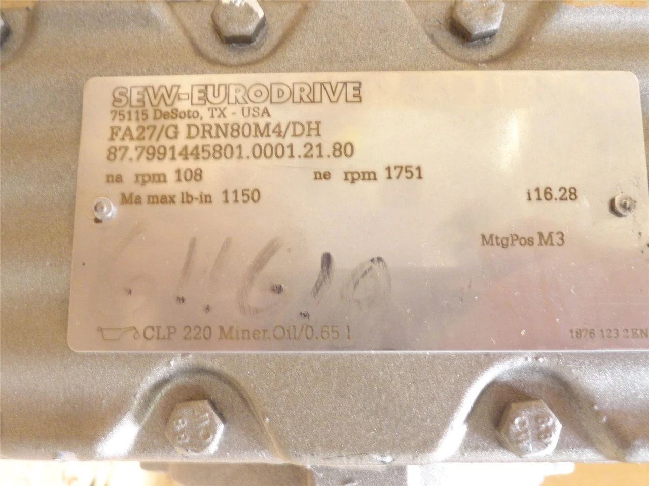 SEW FA27/G DRN80M4/DH; AC Gearmotor 1HP 16.28:1 Ratio 230/460V