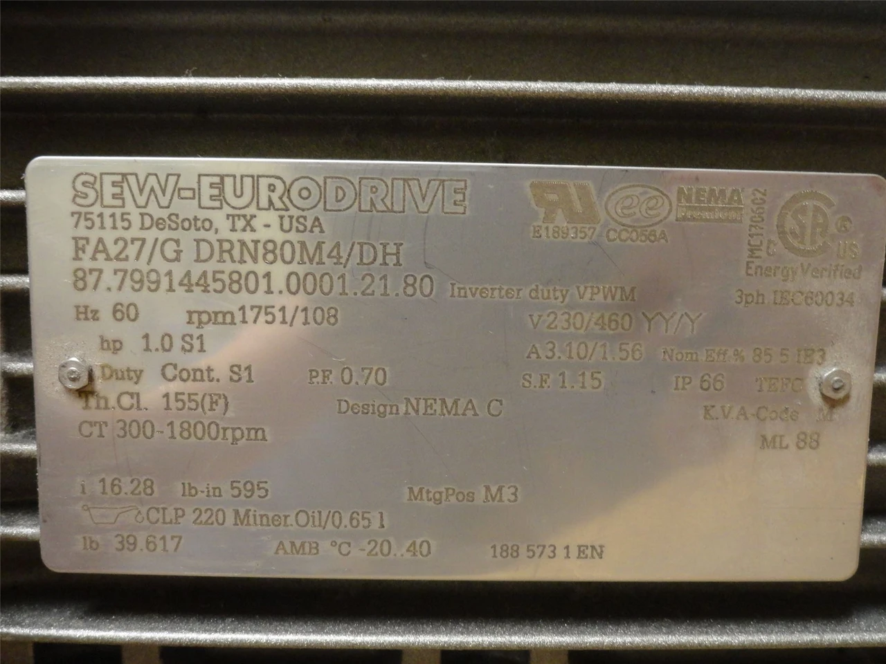 SEW FA27/G DRN80M4/DH; AC Gearmotor 1HP 16.28:1 Ratio 230/460V