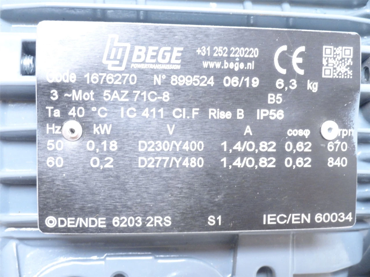 Bege 5AZ71C-8; AC Motor; 0.2kW; 277/480V; 840RPM; 3PH; 60Hz