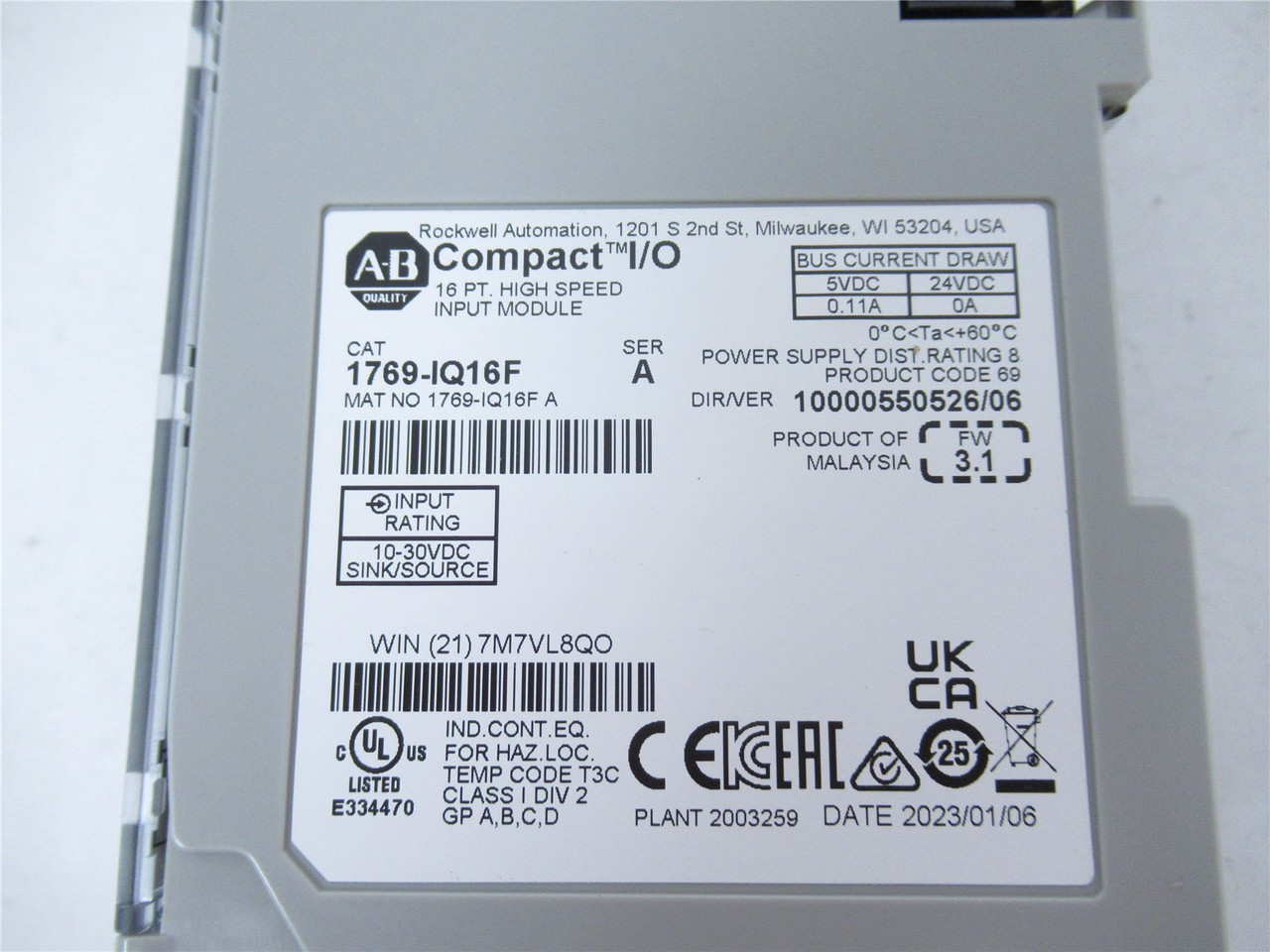 Allen-Bradley 1769-IQ16F; Module 16 Pt DC Sink/source 24VDC