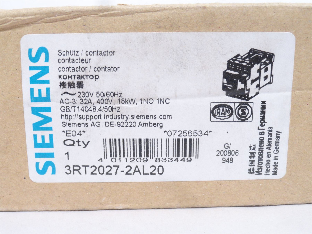 Siemens 3RT2027-2AL20; Contactor 32A; 690VAC; Coil: 230VAC