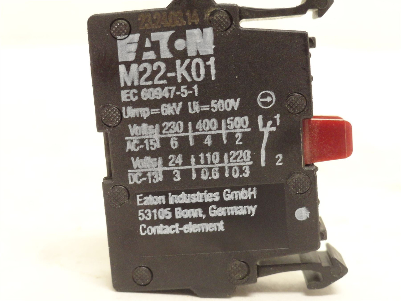 Eaton M22-K01; Contact Block; 22.5mm; 6A; 120VAC; SPST; 1-NC