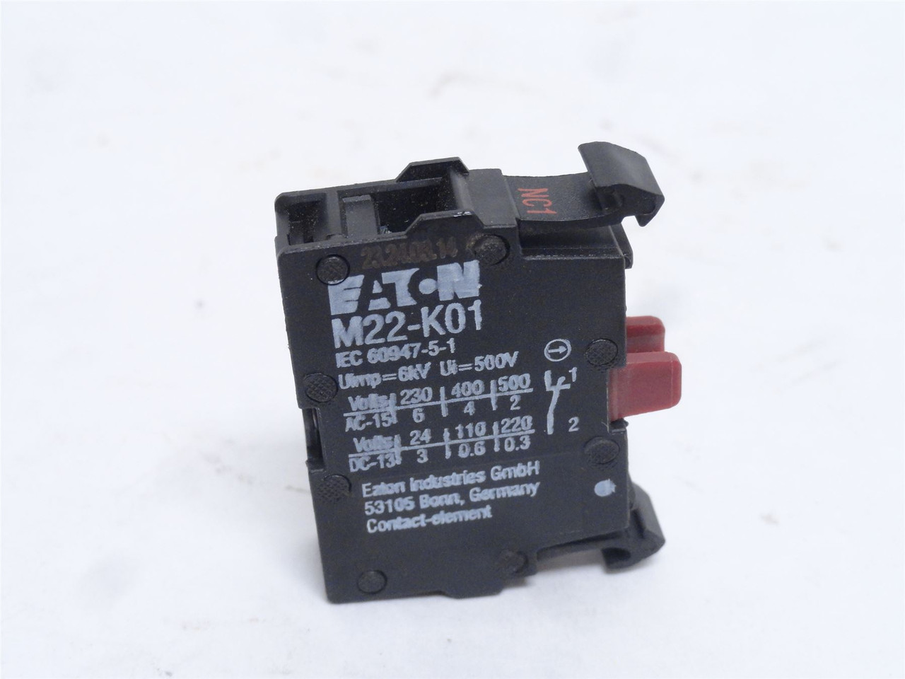 Eaton M22-K01; Contact Block; 22.5mm; 6A; 120VAC; SPST; 1-NC