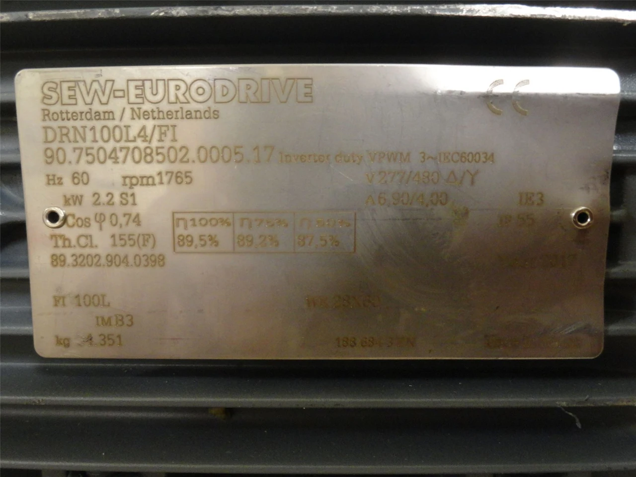 SEW DRN100L4/FI; AC Motor; 2.2kW; 277/480V; 1765RPM; 3PH
