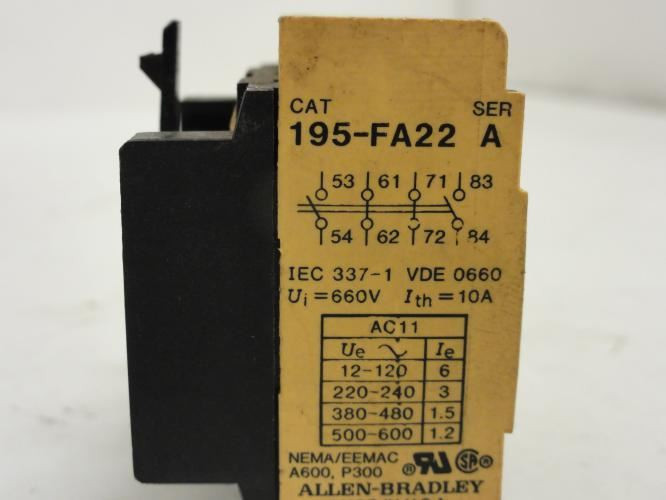 Allen-Bradley 195-FA22; Aux Contact Block 4P 10A 600VAC
