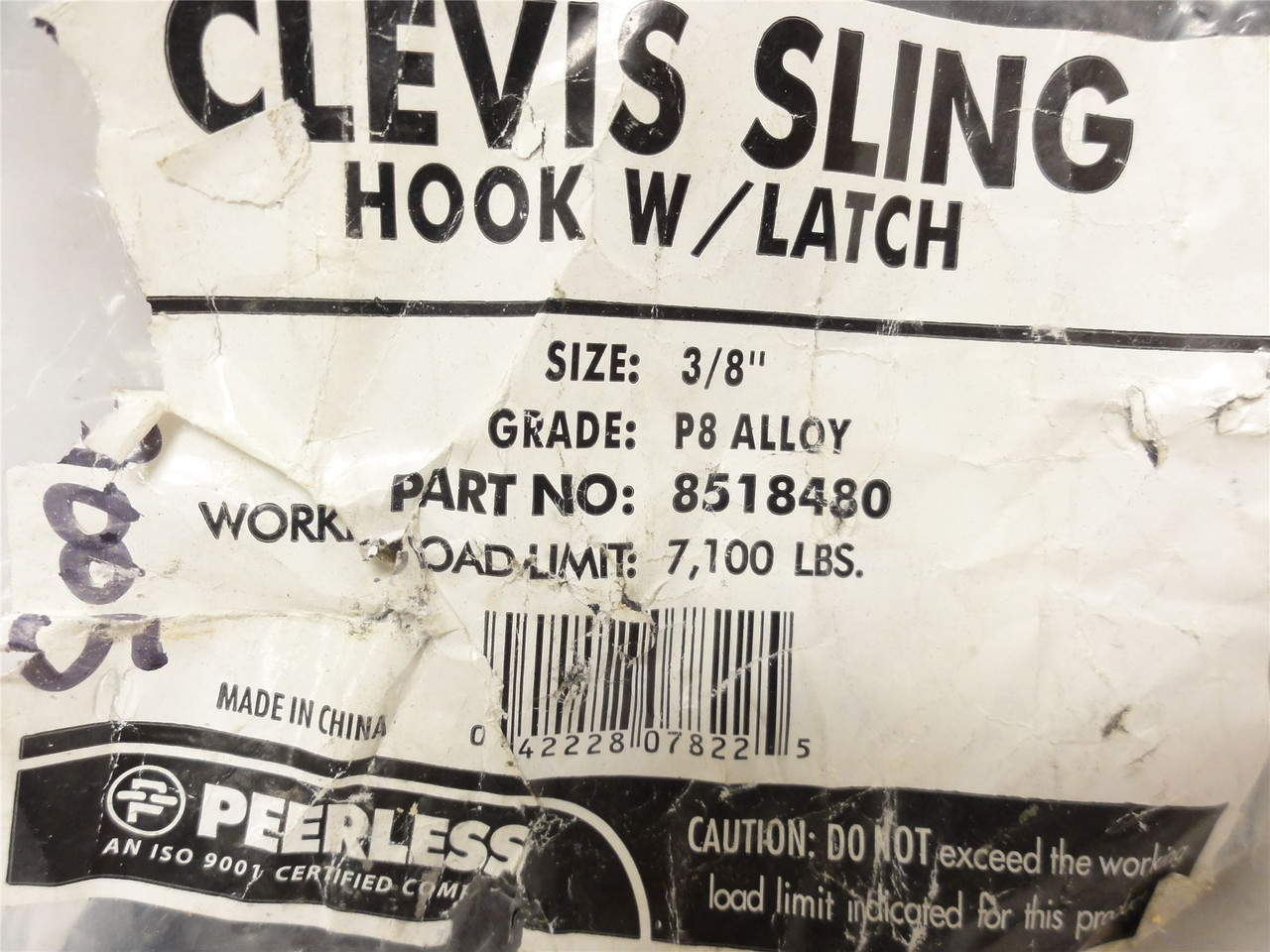 Peerless 8518480; Clevis Sling Hook W/Latch. Size: 3/8"