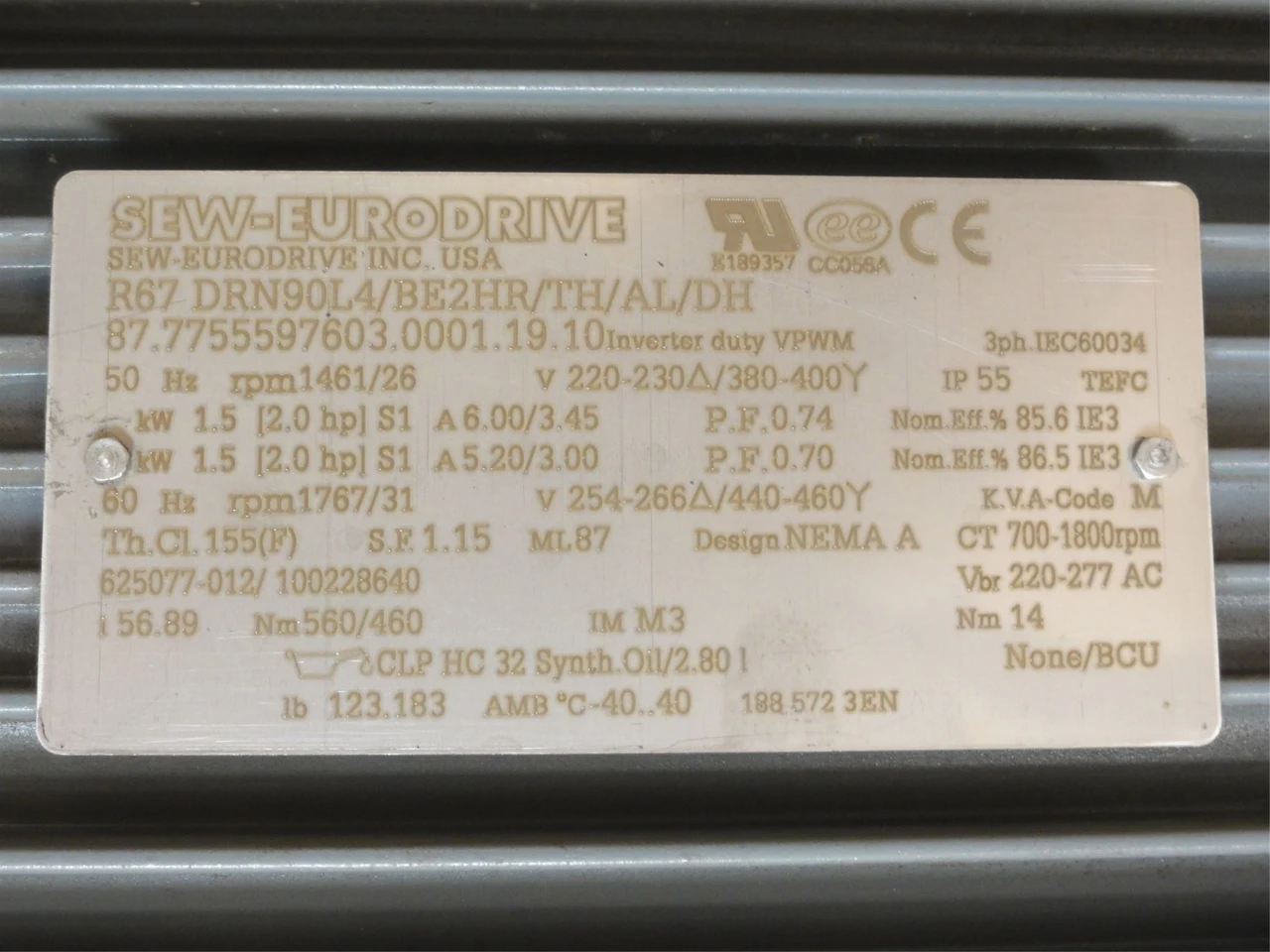 SEW R67DRN90L4/BE2HR/TH/AL/DH; AC Gearmotor; 56.89:1 Ratio