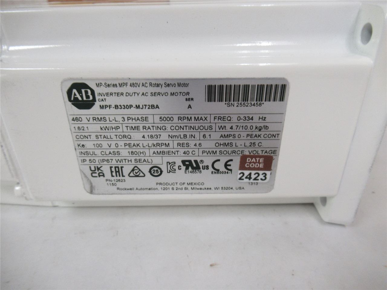 Allen-Bradley MPFB330PMJ72BA/A; Servo Motor AC 460V
