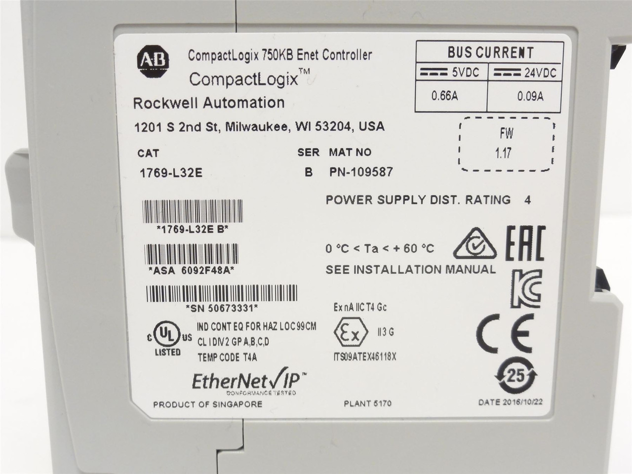 Allen-Bradley 1769-L32E; CompactLogix 750KB Controller