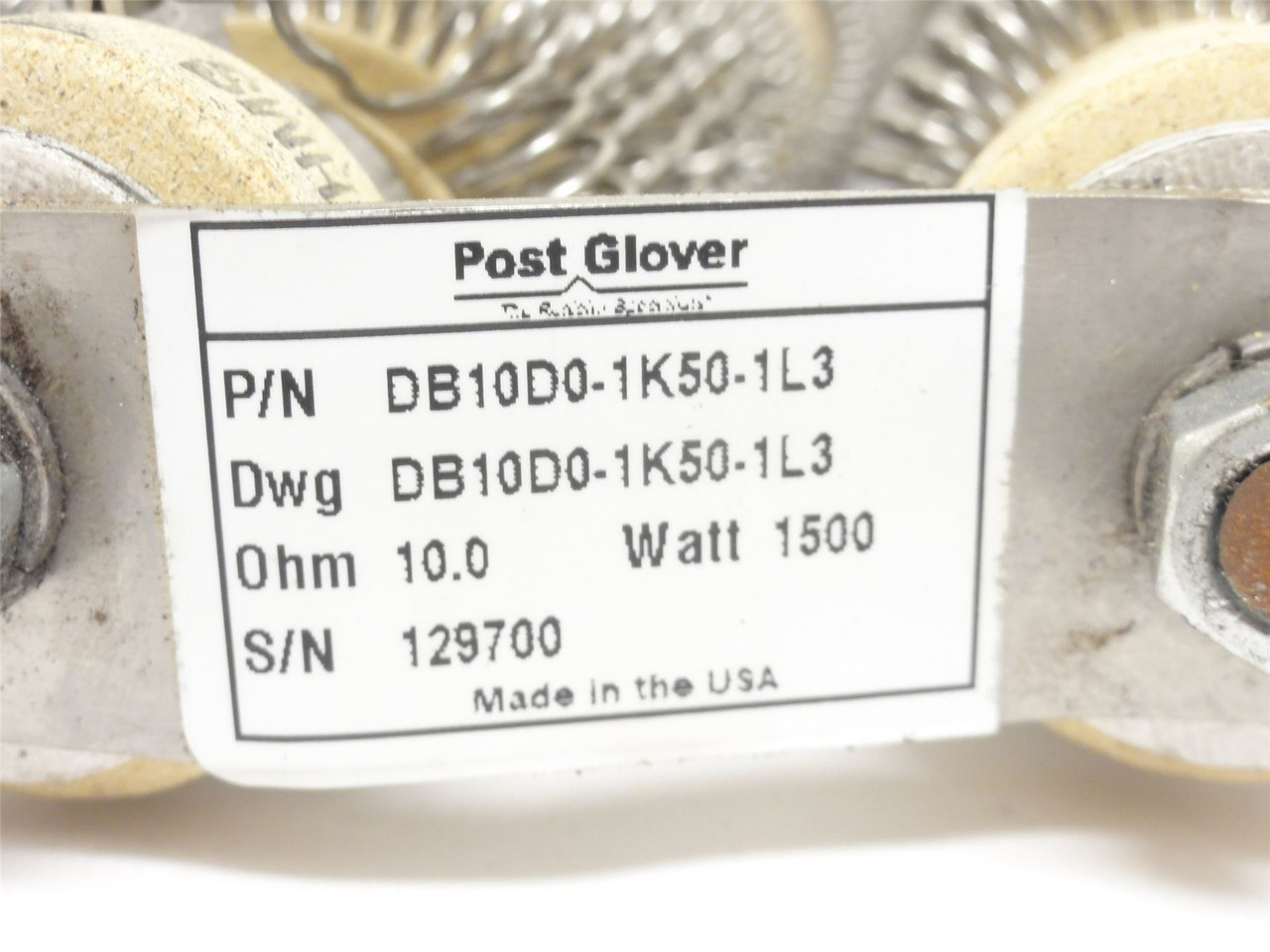 Post Glover DB10D0-1K50-1L3; Brake Resister 10 Ohms; 1500 Watt
