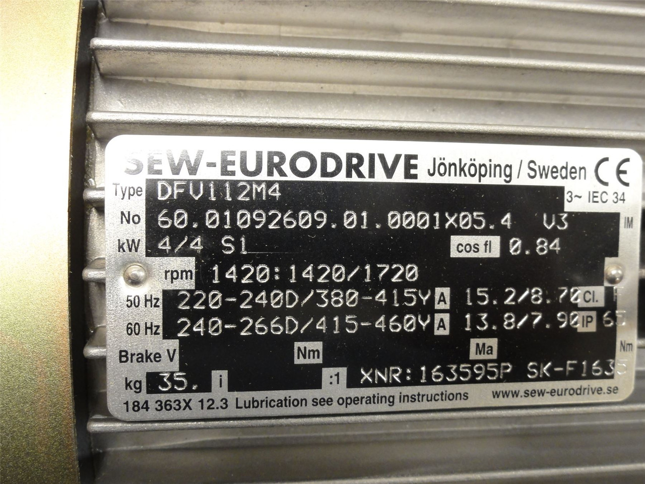 SEW DFV112M4; AC Motor; 4.4kW; 415-460V; 1720RPM; 3PH; 60HZ