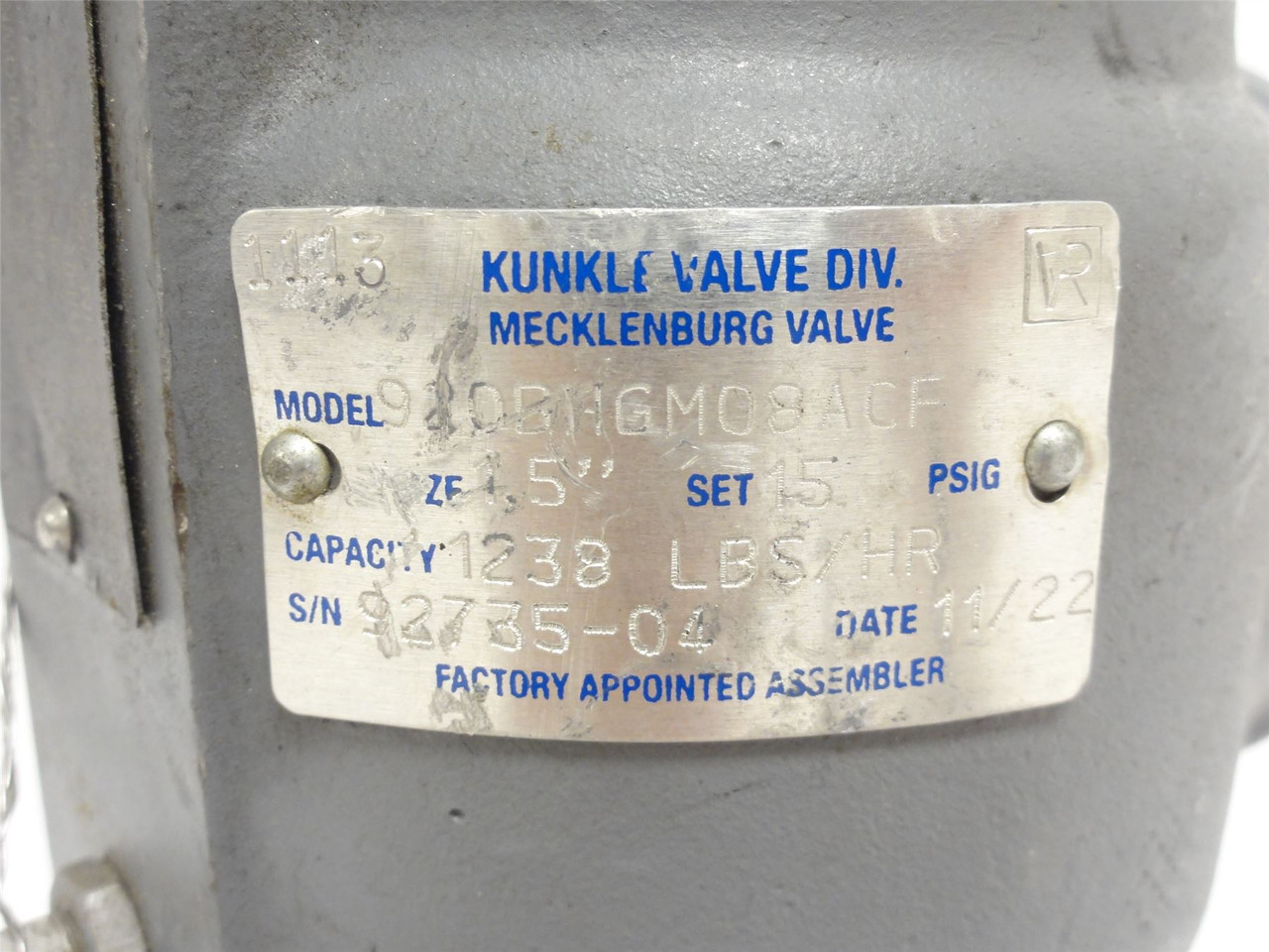 Kunkle 920BHGM08ACF; Safety Relief Valve; 1-1/2 x 2-1/2NPT; 15PSIG