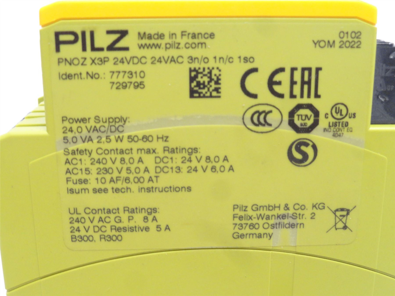 Pilz PNOZ X3P; Safety Relay 777310; 240VAC; Coil 24VDC